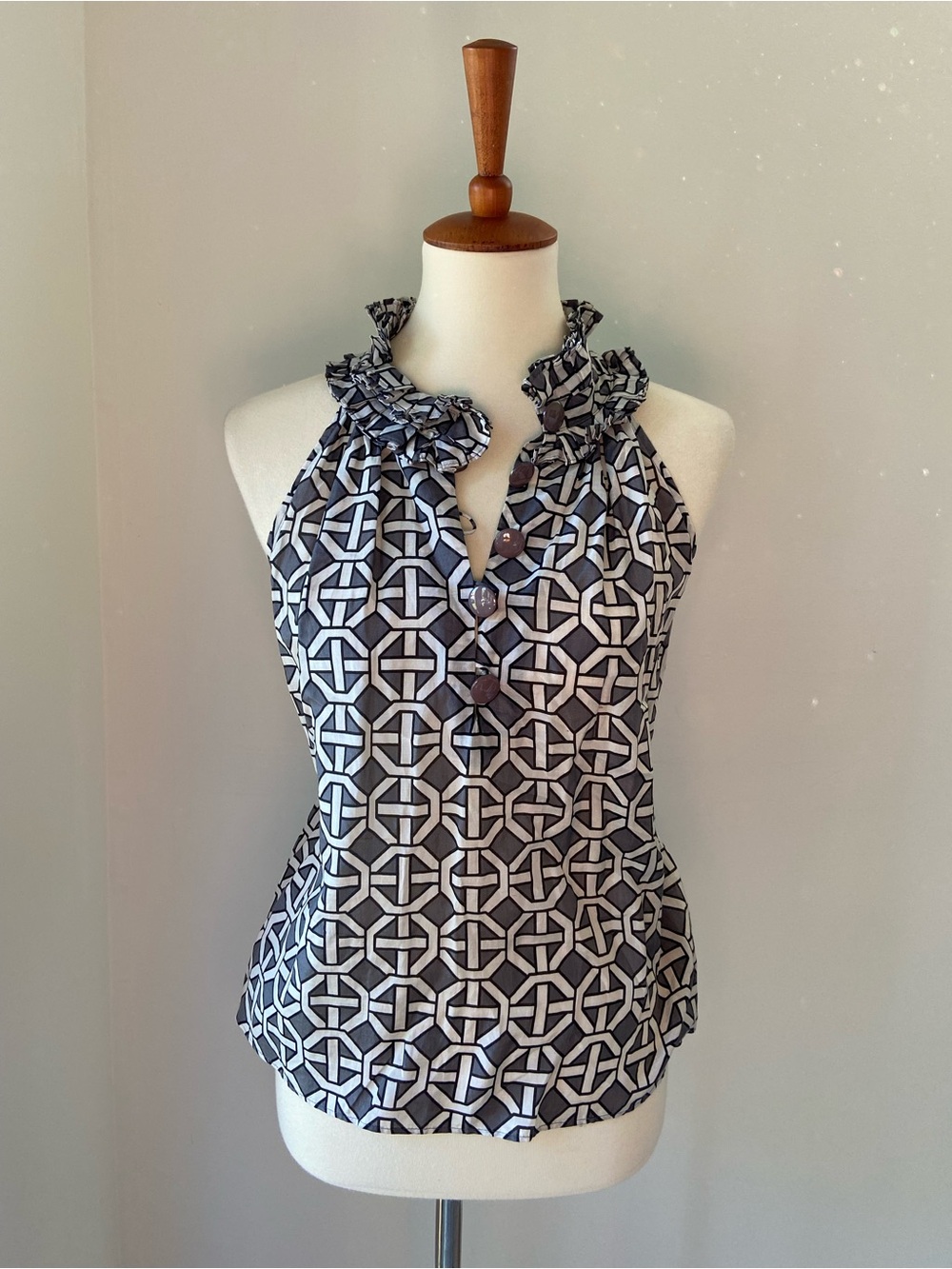 J Crew Black & White Geometric Cotton/Silk Halter Top with Ruffle Collar